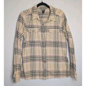 Patagonia Flannel Shirt Women's Sz 8 Organic Cotton Long-Sleeved Fjord Plaid Tan
